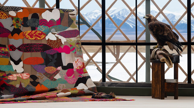 yurt. Colorful felt shyrdak rug on yurt lattice, golden eagle on glove, Central Asian nomadic concept. event programs, museum guides, designed for cultural heritage projects and event programs.