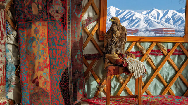 yurt. Colorful felt shyrdak rug on yurt lattice, golden eagle on glove, Central Asian nomadic concept. event programs, museum guides, designed for cultural heritage projects and event programs.