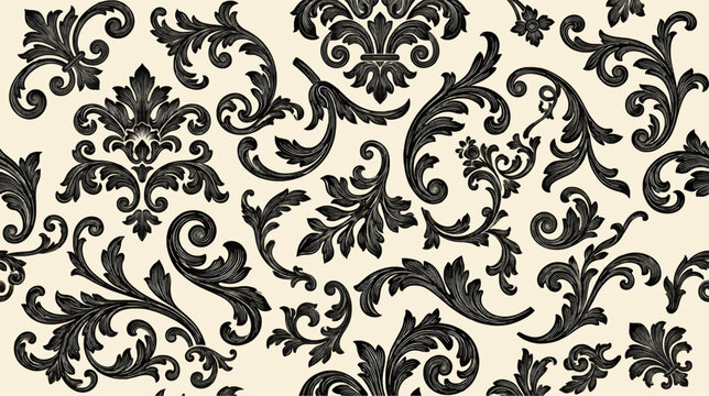 Ornate Black Damask Ornamental Elements Vector Illustration on Cream Background, Vintage Flourish Swirls and Floral Motifs, Elegant Decorative Pattern