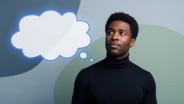 Young African American man thinking deeply, looking up with a blank thought bubble Wallpaper Background image
