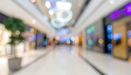 Obraz premium Abstract Blurred Shopping Mall Interior with Bright Bokeh Lights and Storefront Reflections Background.