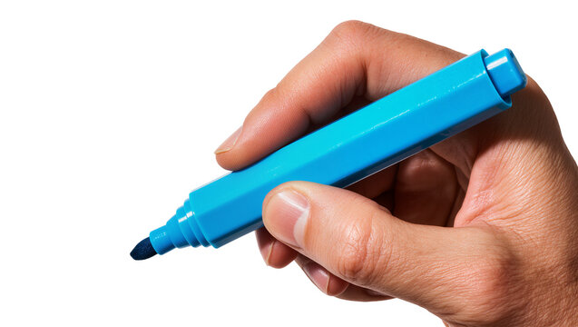 Isolated male hand holding a bright blue permanent marker with the cap removed, ready to draw.
