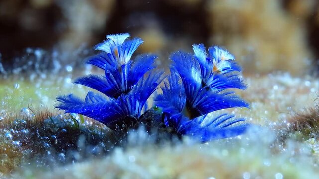 Mesmerizing Blue Christmas Tree Worms Unfurl Feathery Crowns in a Serene Underwater Macro Scene