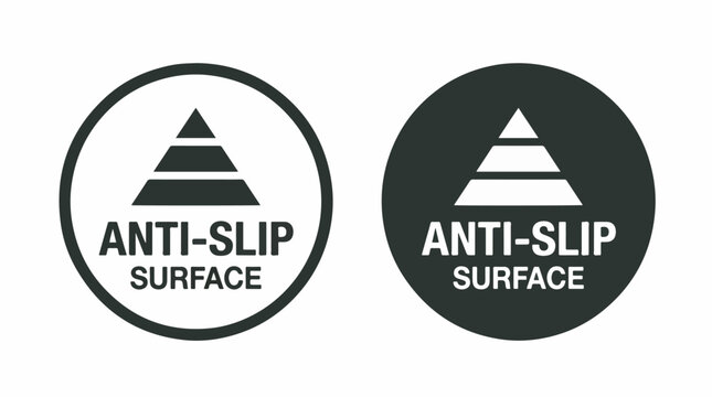 Simple black and white vector graphic illustration depicting circular anti slip surface warning signs for industrial safety floor marking labels