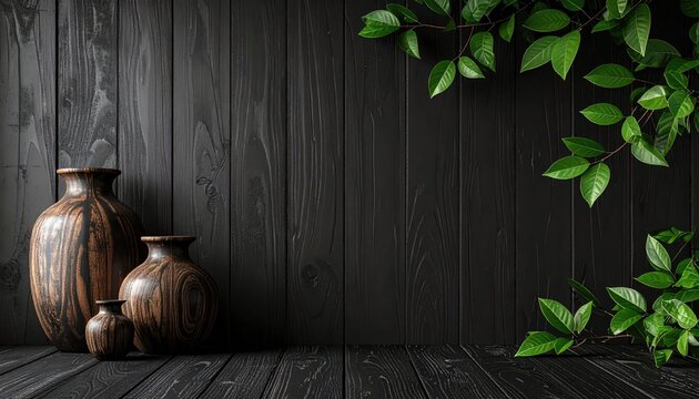 Dark wooden background with vases and leafy branches, creating a rustic, organic ambiance and natural light