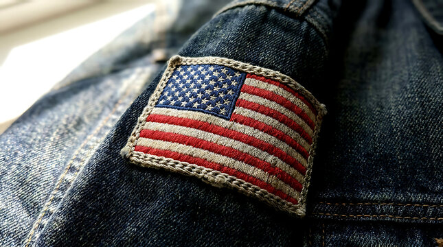 United states flag patch sewn onto denim detailed textile closeup