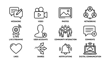 Fototapeta premium Monochrome online communication and social platform icon collection vector illustration