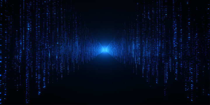 Colorful glowing rainbow wave of digital binary code on a black technology background