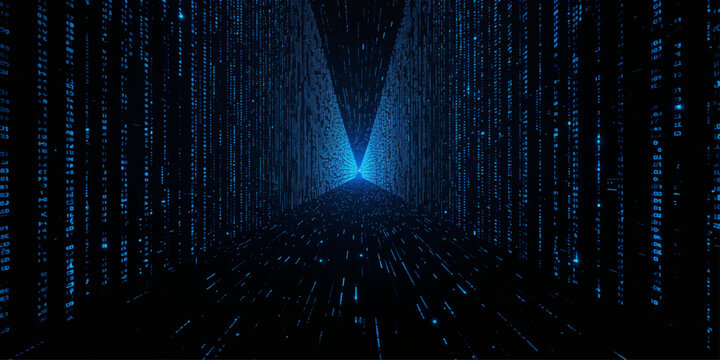 Abstract blue digital background with glowing lights and binary code