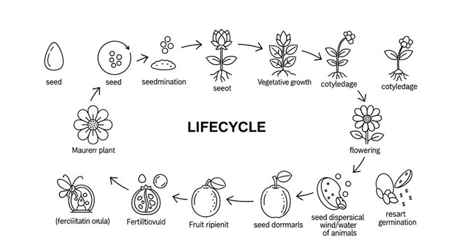 Plant lifecycle infographic with stages from seed to flower and fruit