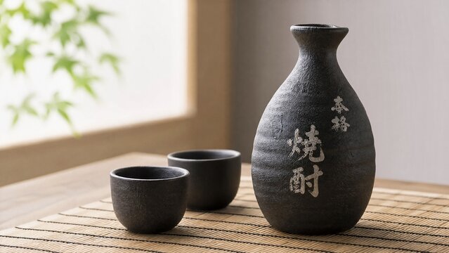 Traditional black ceramic jug and cups on a bamboo mat, minimalist style.