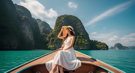 Fototapeta premium Woman on a boat in phang nga bay thailand