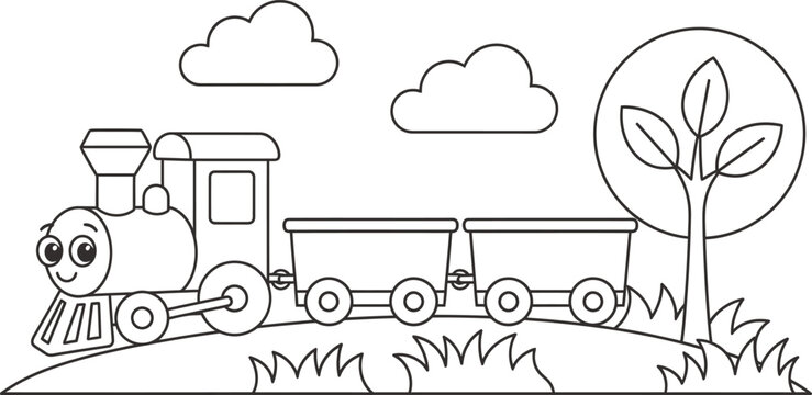 Thomas the train coloring page for kids with locomotive and tree landscape
