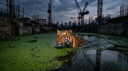 Naklejka premium Tiger swimming through algae covered urban construction pond at dusk, predator navigating murky polluted water in industrial site with concrete walls, cranes and city skyline in background
