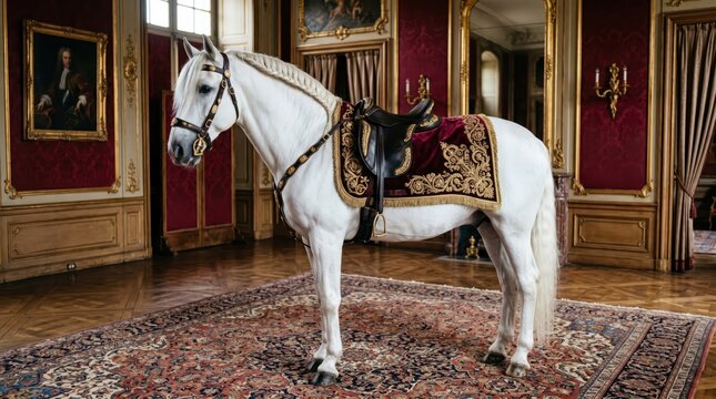 White horse wearing ornate embroidered saddle standing on patterned carpet inside opulent classical room with gilded frames and red damask walls, regal equestrian display in historic interior