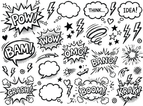 Collection of comic book style speech bubbles and sound effects