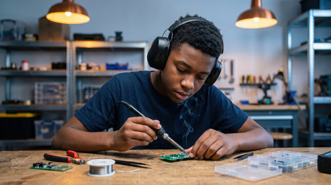 Young African American technician soldering circuit board in modern electronics workshop