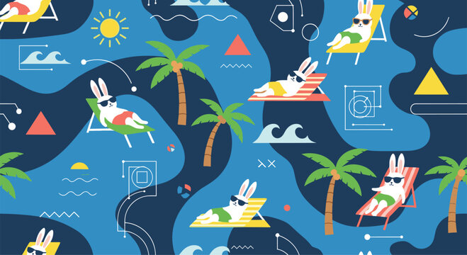 Playful repeating pattern of white rabbits relaxing on lounge chairs under palm trees at a sunny tropical beach destination with waves.