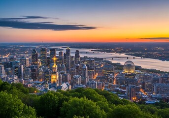 Fototapeta premium Skyline cityscape at sunset with river and greenery overlook