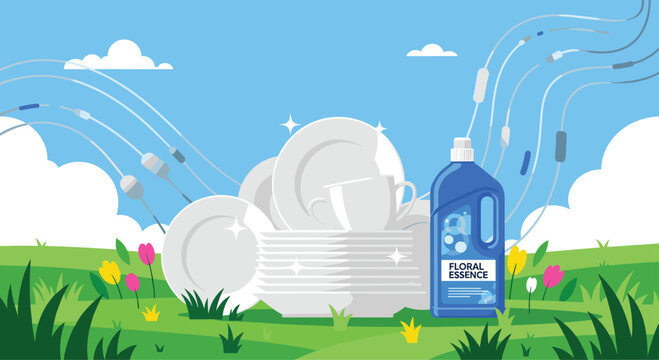 Bottle of floral essence dish soap presented outdoors with a stack of sparkling clean white plates and cups in a green meadow scene.