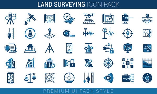 Land surveying icon pack featuring geomatics measurement mapping topographic equipment gps technology civil engineering tools.