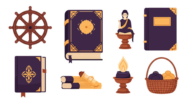 Comprehensive set of Buddhist ritual items includes a Dharma wheel, sacred books, a Buddha statue, burning incense, and offering baskets.