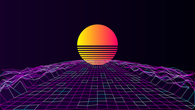 Retro neon wireframe landscape with a glowing synthwave sun