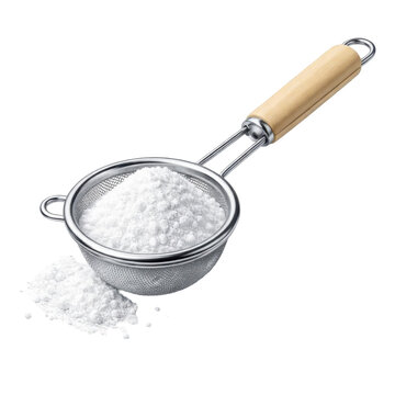 Stainless steel sieve with a wooden handle filled with powdered sugar, isolated, used for baking and food preparation, high quality culinary tool.