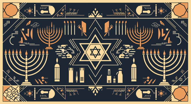 Traditional Hanukkah patterns feature menorahs, the Star of David, and candles in a stylized navy blue and gold artistic composition.