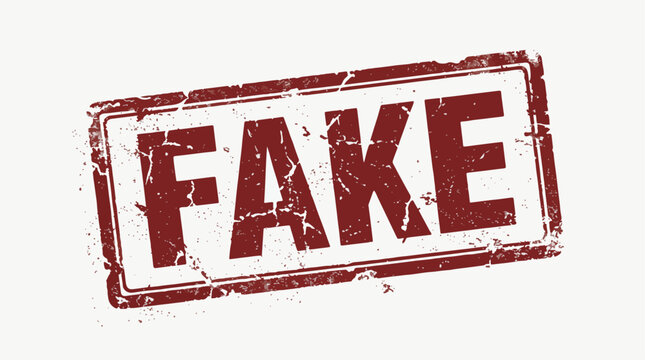 Distressed dark red rubber stamp vector illustration featuring the word fake with a rectangular border on a plain background