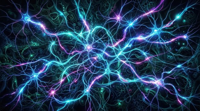 Intricate network of glowing neurons firing and communicating in the brain, representing neural activity and cognitive processes