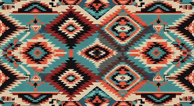Traditional geometric pattern with diamond and zigzag motifs in teal and rust colors