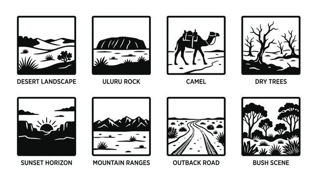 Australian outback vector illustration featuring Uluru Rock, desert landscape, camel, dry trees, sunset horizon, mountain ranges, outback road, and bush scene for travel, nature, and adventure design