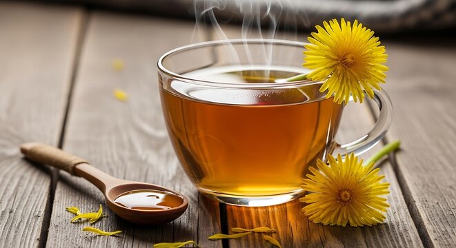 Steaming herbal infusion with dandelion flowers on wooden surface