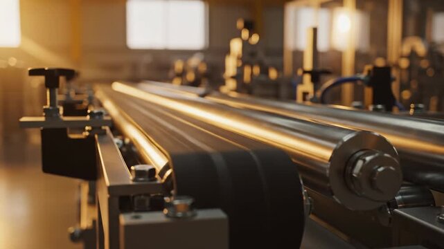 Industrial conveyor belt system in a factory, metal rollers and dark rubber belt reflecting warm light, production line automation, manufacturing technology