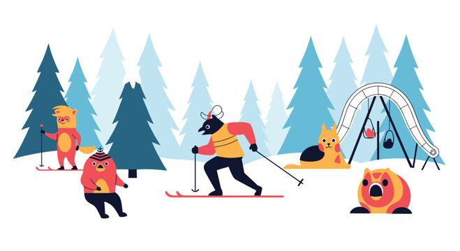 Playful cartoon animals enjoy winter activities like skiing and sledding in a snowy forest during the holidays.