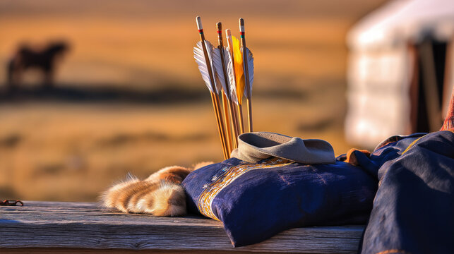 recurve. Mongolian recurve bow and quiver on ger doorstep with silk deel, nomadic steppe heritage. event programs, museum guides, designed for cultural heritage projects and event programs.