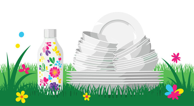 Elegant stack of clean white dishes and bowls sits in a green field next to a vibrant floral water bottle.