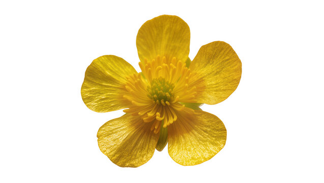 Isolated vibrant yellow buttercup flower in full bloom, showcasing detailed petals and stigma