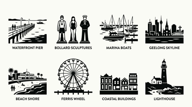 Geelong landmarks vector illustration featuring waterfront pier, bollard sculptures, marina boats, skyline, beach shore, Ferris wheel, coastal buildings, and lighthouse icons for travel and tourism de