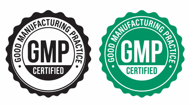 Two professional vector graphic circular badges displaying good manufacturing practice certified text for industrial quality assurance and product safety standards