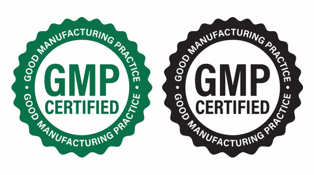 Two circular green and black vector illustration stamp icons featuring bold text for good manufacturing practice and certified quality assurance