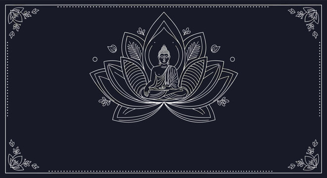 Divine buddha sitting in meditation on a majestic lotus flower in thin white line art over a navy backdrop.