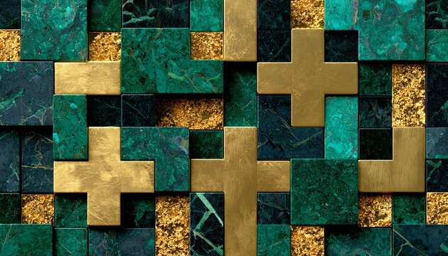 Elegant Mosaic Design Background with Geometric Patterns in Gold and Dark Malachite Colors