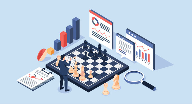 Business professional standing on a large chessboard analyzing data charts and graphs to represent strategic corporate planning and success.