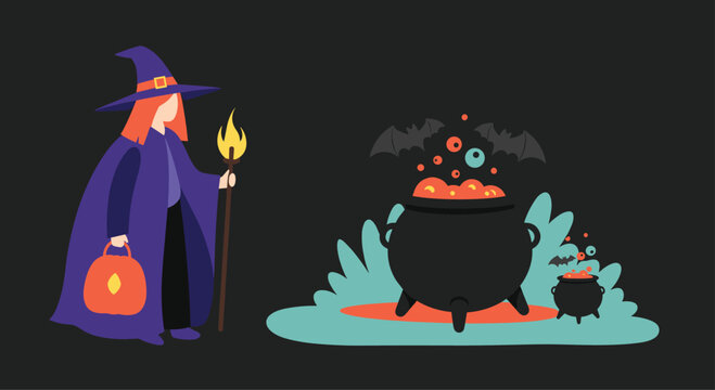 Spooky Halloween illustration of a witch in a purple robe and hat standing next to a bubbling cauldron with bats, pumpkins, and a magic staff.