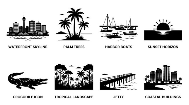 Tropical coastal landmarks vector illustration featuring waterfront skyline, palm trees, harbor boats, sunset horizon, crocodile icon, tropical landscape, jetty, and coastal buildings for travel and t