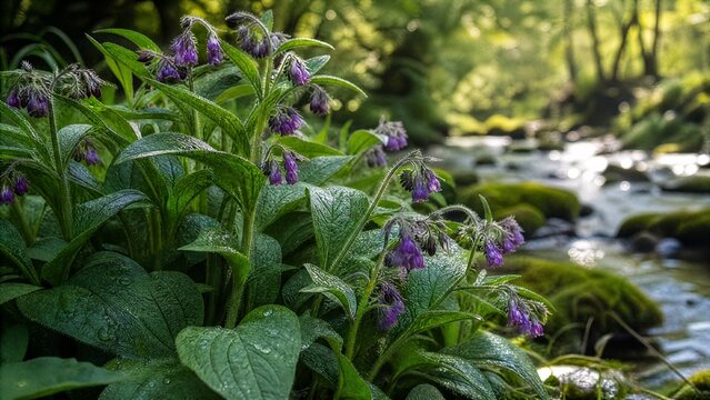 Comfrey plants with purple flowers growing by a mossy stream, morning light.