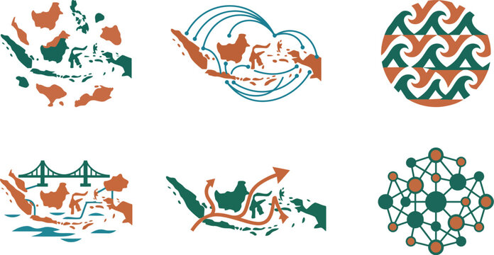 Indonesia Archipelago Maritime Logistics and Network Connectivity Icon Set Collection