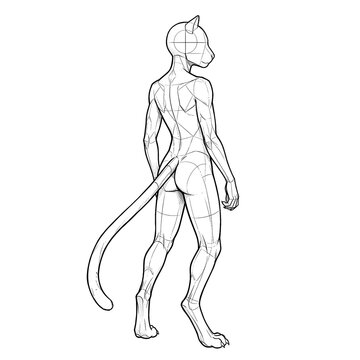 Hand drawn black ink line art sketch of slim twink male ocelot furry body base, 3/4 back left standing pose, subtle torso twist isolated on white background. Technical illustration template.